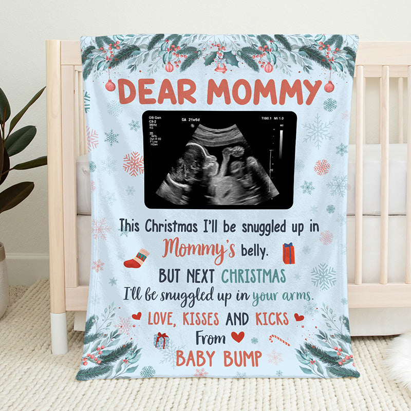 Couverture personnalisée pour bébé avec photo « Bisous et coups de pied depuis le ventre » - Couverture personnalisée pour bébé - Cadeau de naissance, premier Noël, cadeau de Noël pour les premiers parents
