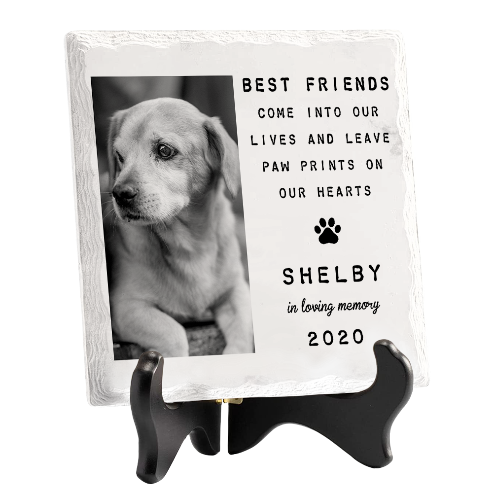 Custom Photo You Leave Paw Prints On Our Hearts - Memorial Personalized Custom Square Shaped Ceramic Plaque With Stand - Sympathy Gift, Gift For Pet Owners, Pet Lovers