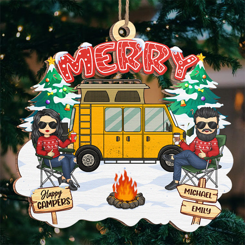 Merry Happy Campers - Couple Personalized Custom Ornament - Wood Custom Shaped - Christmas Gift For Husband Wife, Anniversary, Camping Lovers