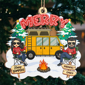 Merry Happy Campers - Couple Personalized Custom Ornament - Wood Custom Shaped - Christmas Gift For Husband Wife, Anniversary, Camping Lovers