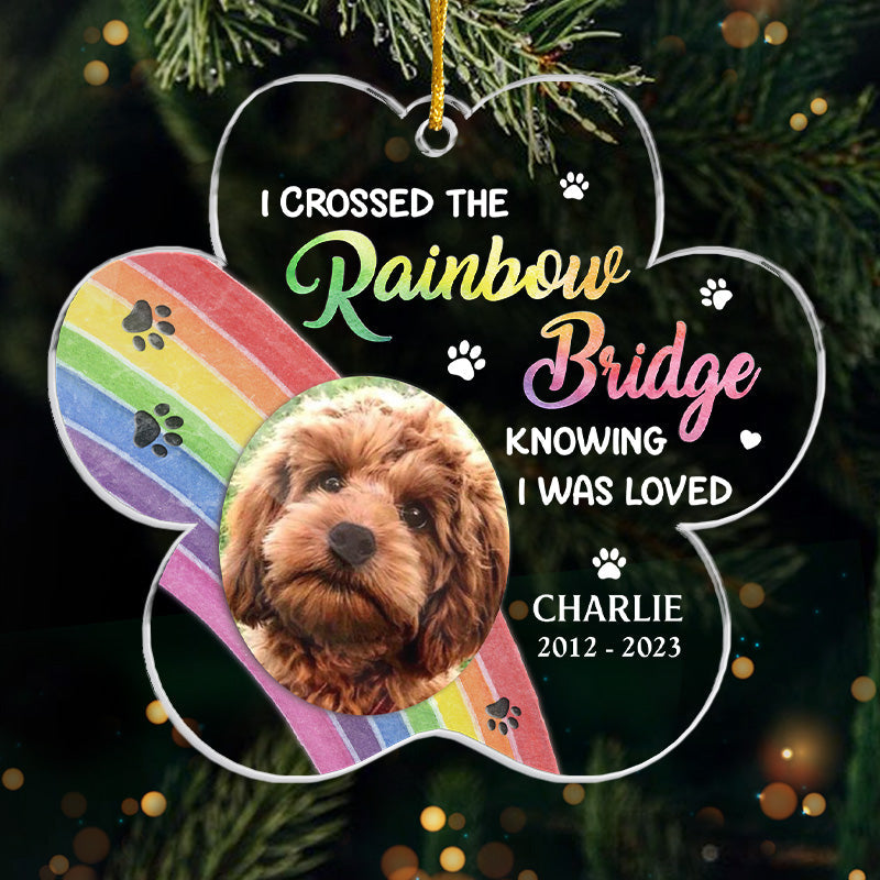 Photo personnalisée « Mon cœur est au pont arc-en-ciel » – Ornement commémoratif personnalisé – En acrylique en forme de patte – Cadeau de Noël, cadeau de condoléances pour les propriétaires d'animaux et les amoureux des animaux