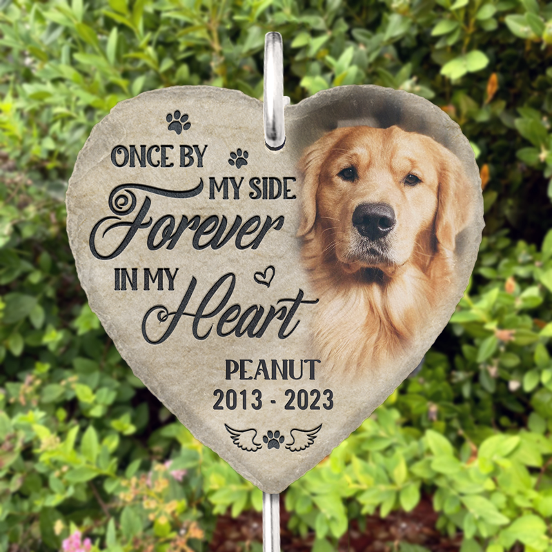 Photo personnalisée Une fois à mes côtés pour toujours dans mon cœur - Mémorial personnalisé Ardoise de jardin commémorative et crochet - Cadeau de condoléances pour les propriétaires d'animaux de compagnie, les amoureux des animaux