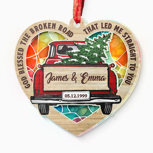 Que Dieu bénisse la route brisée ! Ornement attrape-soleil personnalisé pour couple – En acrylique en forme de cœur – Cadeau de Noël pour mari et femme, anniversaire