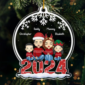 Family Sitting Together - Family Personalized Custom Ornament - Acrylic Snow Globe Shaped - Christmas Gift For Family Members