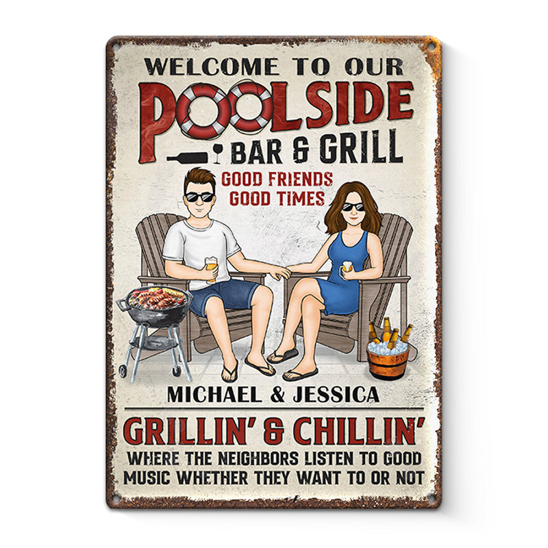 Bienvenue au bar-grill de la piscine - Plaque en métal personnalisée pour couple - Cadeau de pendaison de crémaillère pour mari et femme, anniversaire