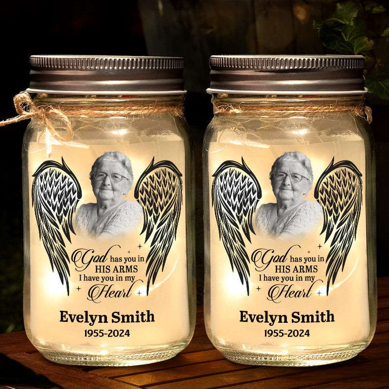 Photo personnalisée Dieu vous tient dans ses bras - Lampe commémorative personnalisée en pot Mason - Cadeau de condoléances pour les membres de la famille