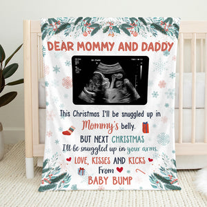 Couverture personnalisée pour bébé avec photo « Bisous et coups de pied depuis le ventre » - Couverture personnalisée pour bébé - Cadeau de naissance, premier Noël, cadeau de Noël pour les premiers parents
