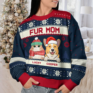 Joyeux Noël, maman et papa en fourrure - Sweat-shirt de Noël unisexe personnalisé et moche, sweat-shirt en laine, sweat-shirt imprimé intégral - Cadeau pour les amoureux des animaux, cadeau de Noël