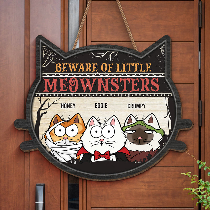 Attention au petit Meownster ! Panneau en bois personnalisé en forme de chat, décoration d'intérieur ! Cadeau d'Halloween pour les propriétaires et les amoureux des animaux.