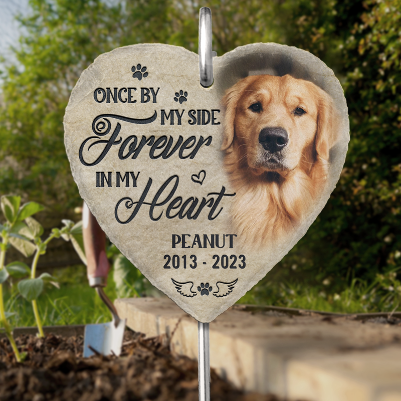 Photo personnalisée Une fois à mes côtés pour toujours dans mon cœur - Mémorial personnalisé Ardoise de jardin commémorative et crochet - Cadeau de condoléances pour les propriétaires d'animaux de compagnie, les amoureux des animaux