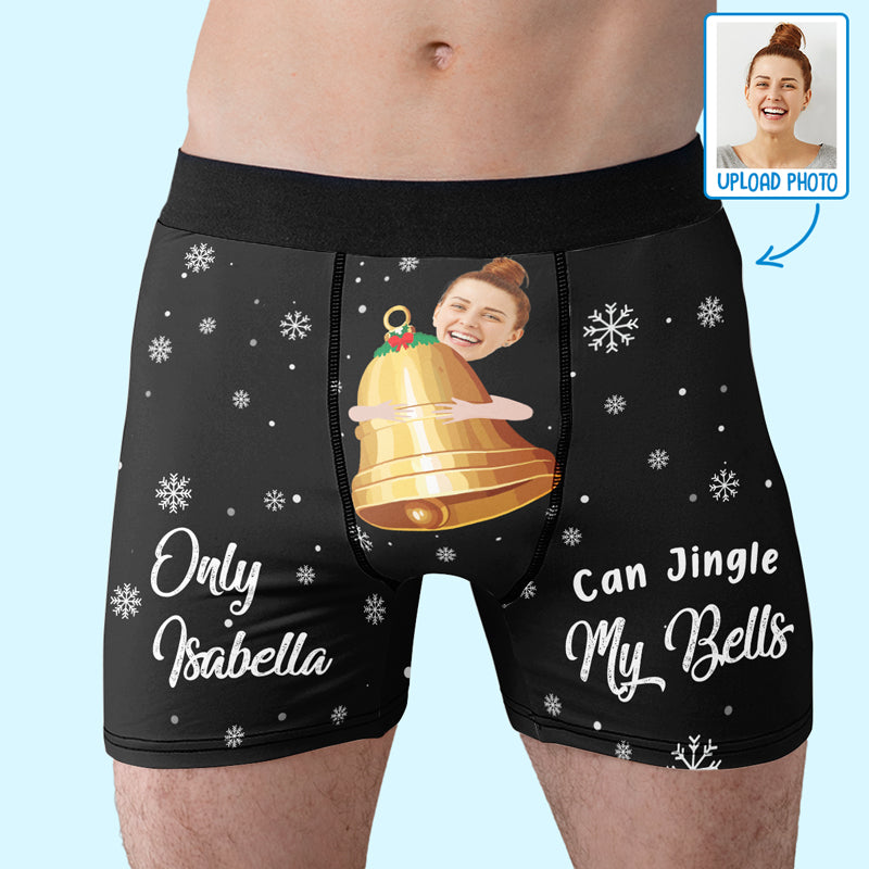 Boxer personnalisé avec photo « Jingle My Bells » - Boxer humoristique et personnalisé pour homme - Cadeau de Noël pour petit ami, mari ou anniversaire
