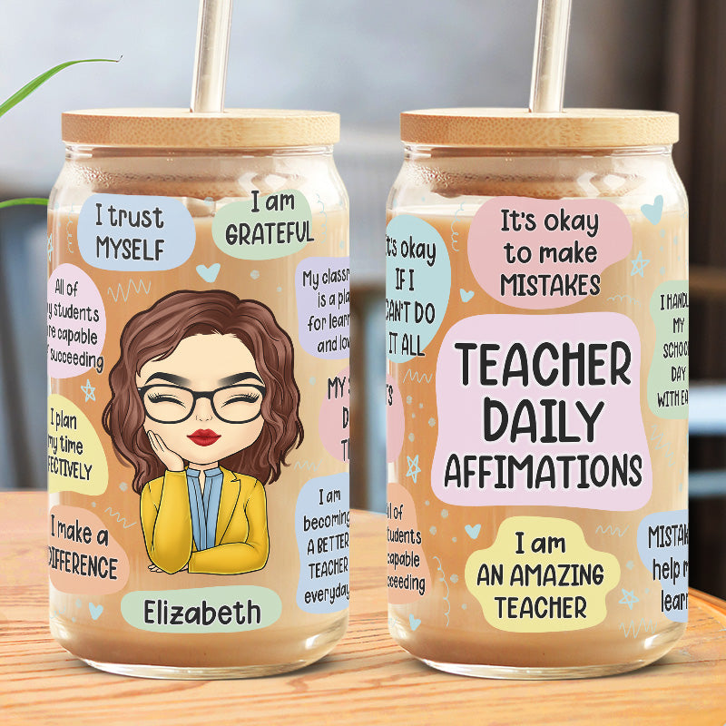 Affirmations quotidiennes pour enseignant(e) - Tasse en verre personnalisée pour enseignant(e), tasse à café glacé - Cadeau pour enseignant(e) et rentrée scolaire