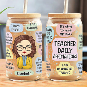 Affirmations quotidiennes pour enseignant(e) - Tasse en verre personnalisée pour enseignant(e), tasse à café glacé - Cadeau pour enseignant(e) et rentrée scolaire