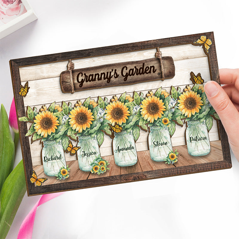 Un jardin d'amour - Plaque en bois personnalisée à 2 couches avec support - Cadeau de pendaison de crémaillère pour grand-mère