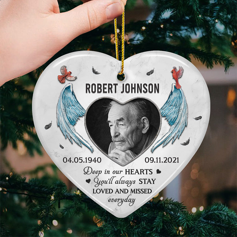 Photo personnalisée que vous resterez toujours aimé et regretté - Ornement personnalisé commémoratif personnalisé - En forme de cœur en céramique - Cadeau de Noël, cadeau de condoléances pour les membres de la famille