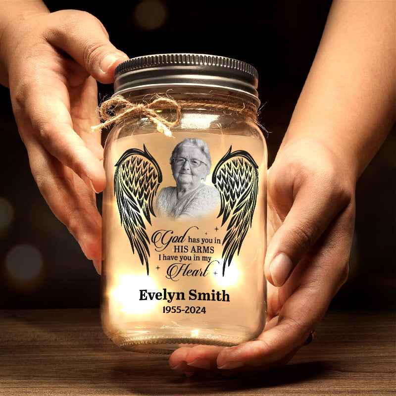 Photo personnalisée Dieu vous tient dans ses bras - Lampe commémorative personnalisée en pot Mason - Cadeau de condoléances pour les membres de la famille