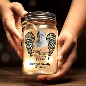 Photo personnalisée Dieu vous tient dans ses bras - Lampe commémorative personnalisée en pot Mason - Cadeau de condoléances pour les membres de la famille