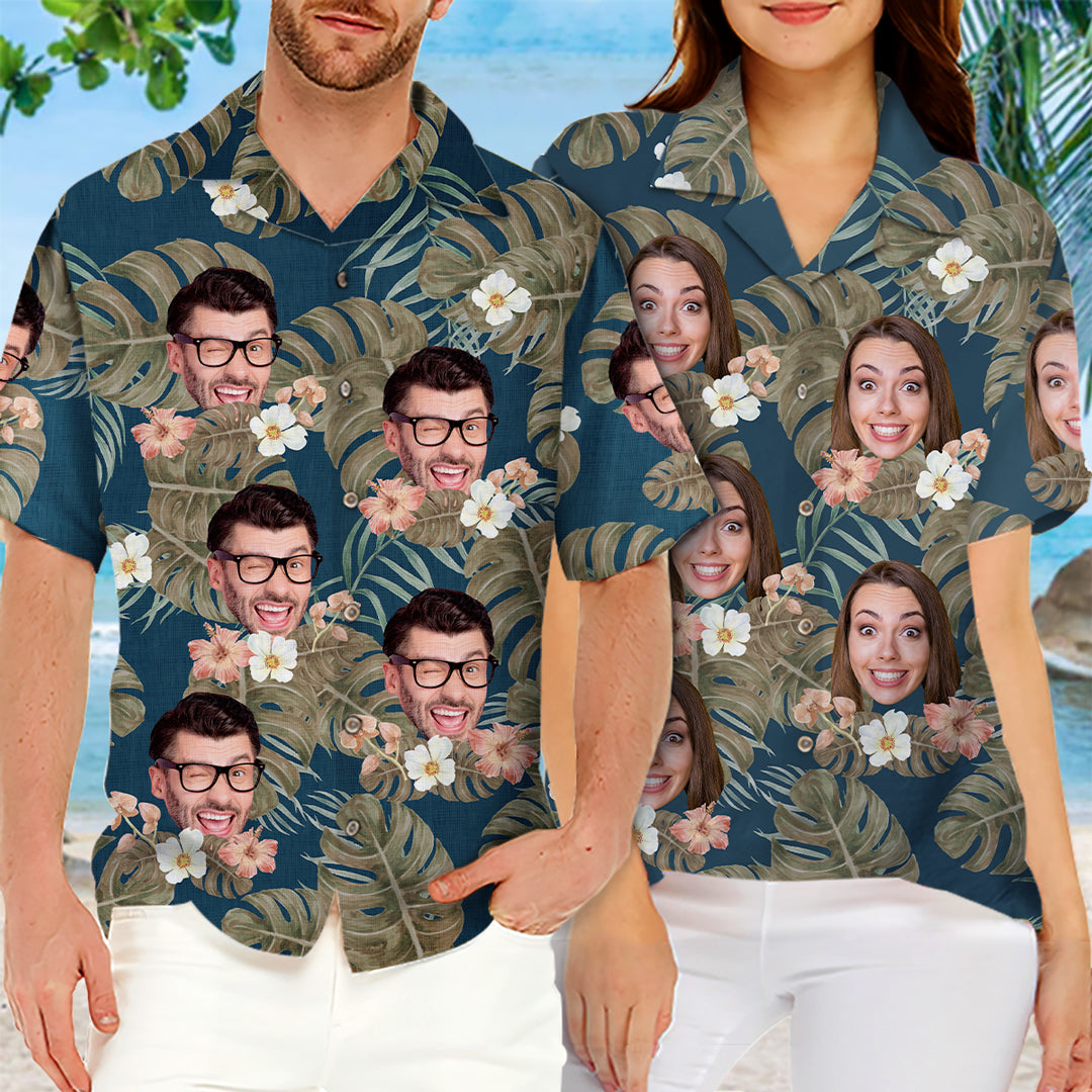 T-shirt hawaïen unisexe personnalisé avec photo et feuilles tropicales - Cadeau pour couple