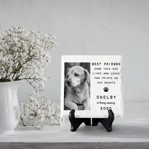 Custom Photo You Leave Paw Prints On Our Hearts - Memorial Personalized Custom Square Shaped Ceramic Plaque With Stand - Sympathy Gift, Gift For Pet Owners, Pet Lovers