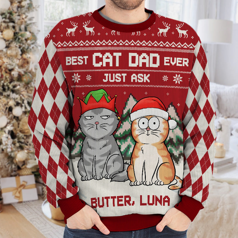 Meilleur papa chat du monde ! Demandez-le ! Sweat-shirt personnalisé pour chat, moche et personnalisé ! Pull en laine unisexe ! Cadeau de Noël pour les propriétaires et les amoureux des animaux.