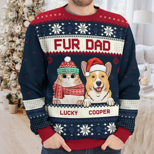 Joyeux Noël, maman et papa en fourrure - Sweat-shirt de Noël unisexe personnalisé et moche, sweat-shirt en laine, sweat-shirt imprimé intégral - Cadeau pour les amoureux des animaux, cadeau de Noël