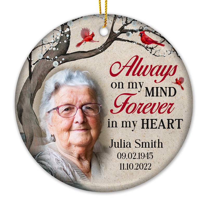 Custom Photo Forever In My Heart - Memorial Personalized Custom Ornament - Ceramic Round Shaped - Christmas Gift, Sympathy Gift For Family Members
