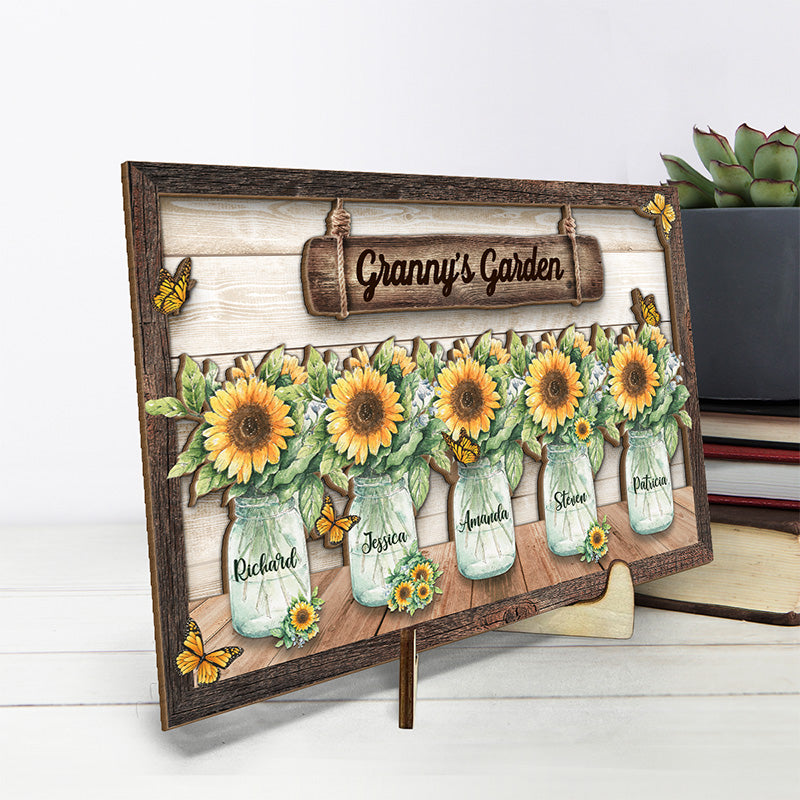 Un jardin d'amour - Plaque en bois personnalisée à 2 couches avec support - Cadeau de pendaison de crémaillère pour grand-mère