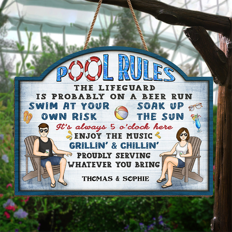 Règles de la piscine Grillin' &amp; Chillin' - Panneau en bois personnalisé pour couple - Cadeau de pendaison de crémaillère pour mari et femme, anniversaire