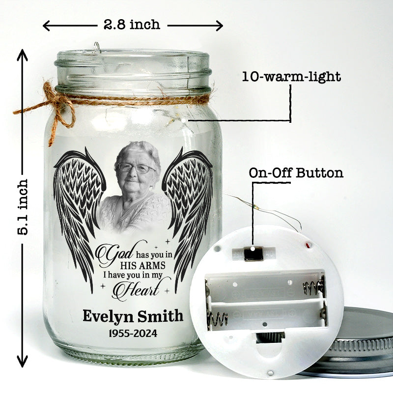 Photo personnalisée Dieu vous tient dans ses bras - Lampe commémorative personnalisée en pot Mason - Cadeau de condoléances pour les membres de la famille