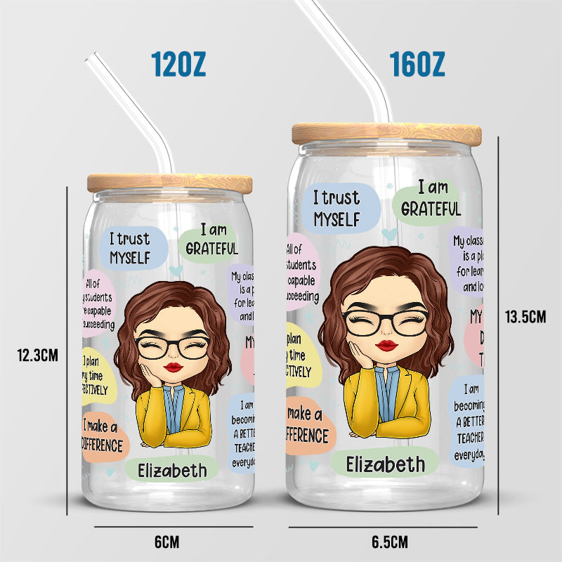 Affirmations quotidiennes pour enseignant(e) - Tasse en verre personnalisée pour enseignant(e), tasse à café glacé - Cadeau pour enseignant(e) et rentrée scolaire
