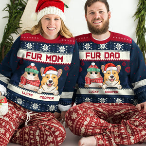 Joyeux Noël, maman et papa en fourrure - Sweat-shirt de Noël unisexe personnalisé et moche, sweat-shirt en laine, sweat-shirt imprimé intégral - Cadeau pour les amoureux des animaux, cadeau de Noël