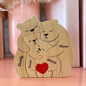 Ma famille - Puzzle en bois personnalisé en forme d'ours - Sculptures d'animaux en bois, ornements de table en bois sculpté, décoration en bois sculpté - Cadeau pour les membres de la famille