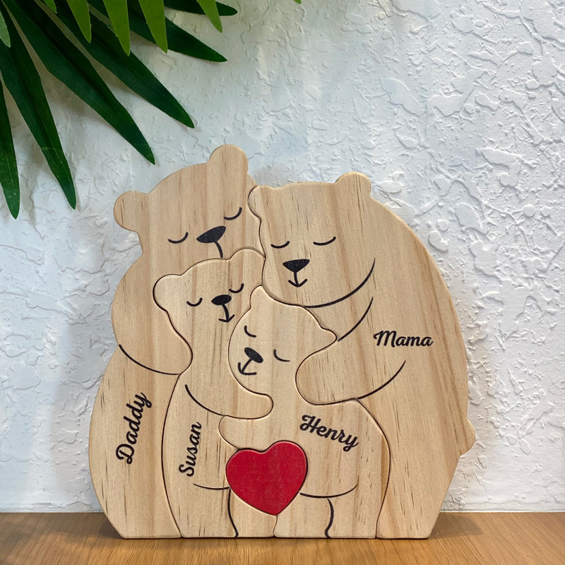 Ma famille - Puzzle en bois personnalisé en forme d'ours - Sculptures d'animaux en bois, ornements de table en bois sculpté, décoration en bois sculpté - Cadeau pour les membres de la famille