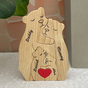 J'aime ma famille - Puzzle en bois personnalisé en forme d'ours - Sculptures d'animaux en bois, ornements de table en sculpture sur bois, décoration en bois sculpté - Cadeau pour les membres de la famille
