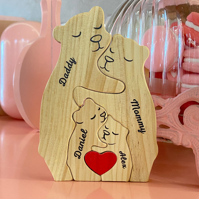 J'aime ma famille - Puzzle en bois personnalisé en forme d'ours - Sculptures d'animaux en bois, ornements de table en sculpture sur bois, décoration en bois sculpté - Cadeau pour les membres de la famille