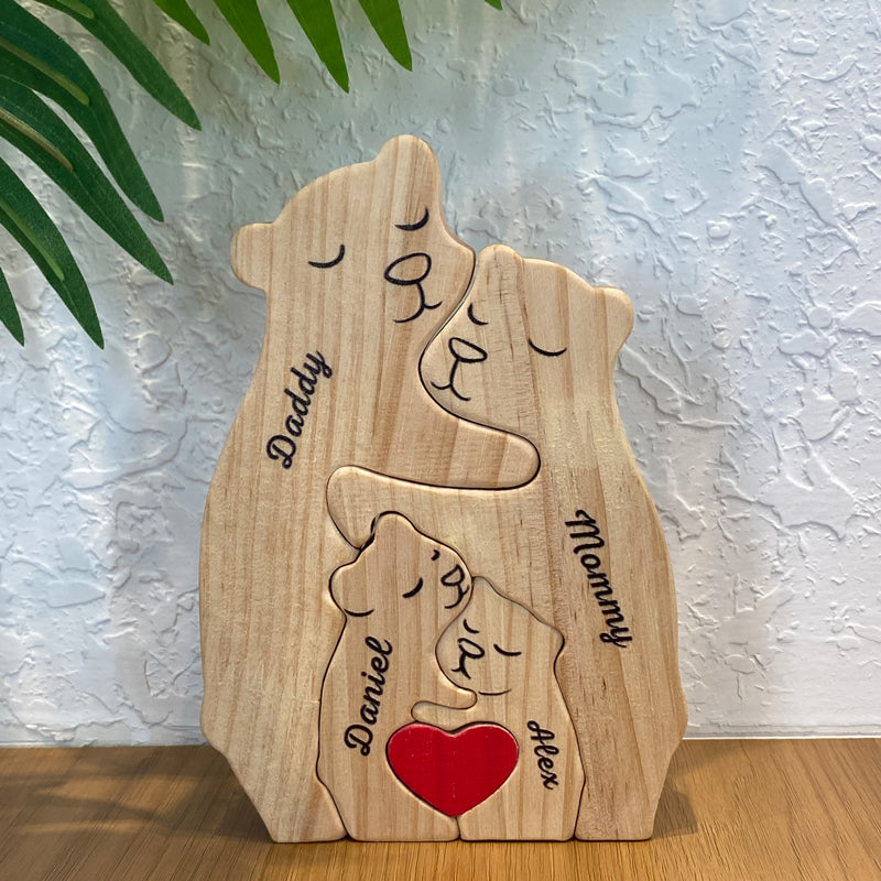 J'aime ma famille - Puzzle en bois personnalisé en forme d'ours - Sculptures d'animaux en bois, ornements de table en sculpture sur bois, décoration en bois sculpté - Cadeau pour les membres de la famille