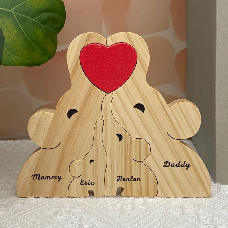 Belle famille - Puzzle en bois personnalisé en forme d'éléphant - Sculptures d'animaux en bois, ornements de table en bois sculpté, décoration en bois sculpté - Cadeau pour les membres de la famille