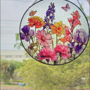 Her Love Blooms In Every Season - Family Personalized Custom Stained Glass Window Hanging Suncatcher - Mother's Day, Gift For Mom, Grandma