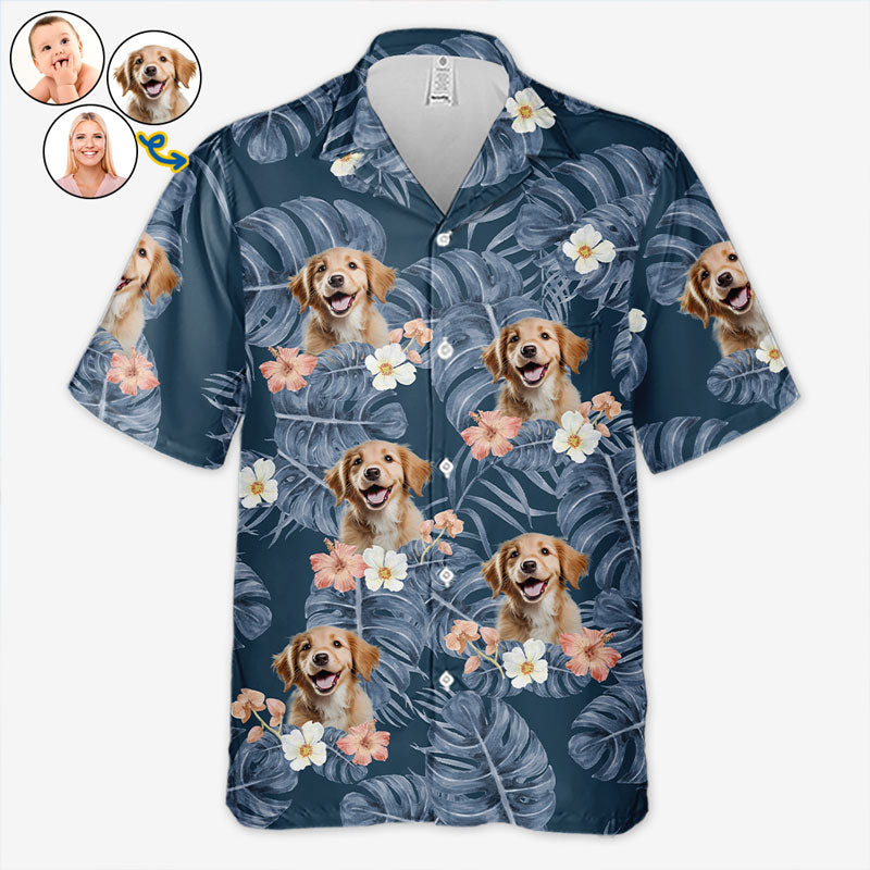 T-shirt hawaïen unisexe personnalisé avec photo de feuilles tropicales et ambiance estivale pour chien et chat - Cadeau idéal pour les vacances d'été, les propriétaires d'animaux et les amoureux des animaux.