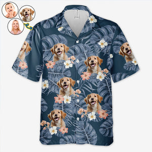 T-shirt hawaïen unisexe personnalisé avec photo de feuilles tropicales et ambiance estivale pour chien et chat - Cadeau idéal pour les vacances d'été, les propriétaires d'animaux et les amoureux des animaux.