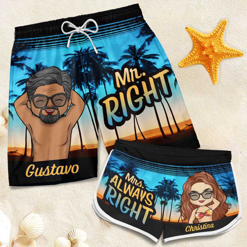 Mr Right &amp; Mrs Always Right - Short de plage hawaïen personnalisé et amusant pour couple - Cadeau de vacances d'été, cadeau de fête d'anniversaire pour mari et femme