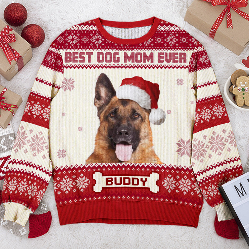 Sweat-shirt personnalisé avec photo de la meilleure maman canine du monde - Pull en laine unisexe - Cadeau de Noël pour les propriétaires et les amoureux des animaux