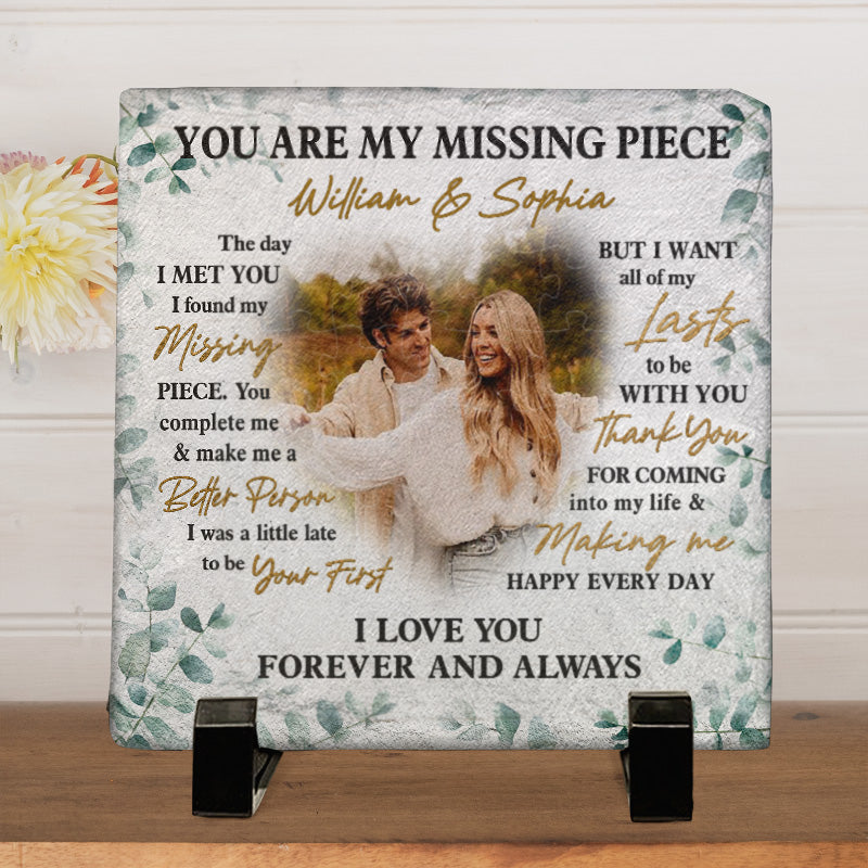 Photo personnalisée « Tu es ma pièce manquante » – Pierre carrée personnalisée avec support pour couple – Cadeau pour mari et femme, anniversaire