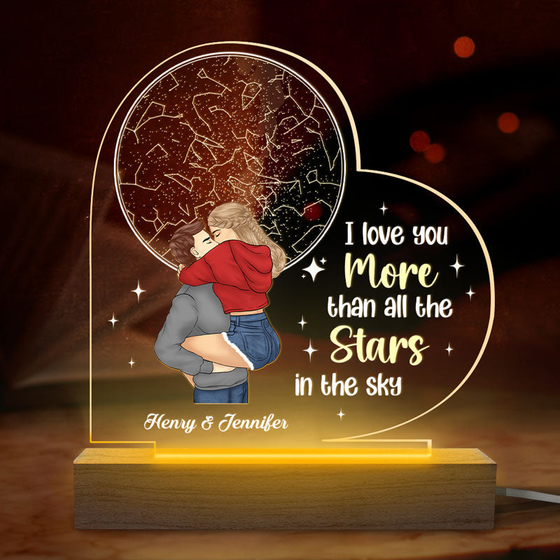 Je t'aime plus que toutes les étoiles - Lampe LED 3D personnalisée en forme de cœur pour couple - Cadeau pour mari et femme, anniversaire