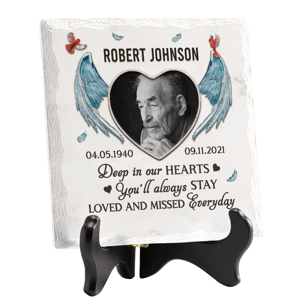 Custom Photo Deep In Our Hearts You'll Always Stay - Memorial Personalized Custom Square Shaped Ceramic Plaque With Stand - Sympathy Gift, Gift For Family Members