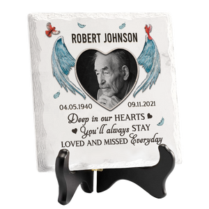 Custom Photo Deep In Our Hearts You'll Always Stay - Memorial Personalized Custom Square Shaped Ceramic Plaque With Stand - Sympathy Gift, Gift For Family Members