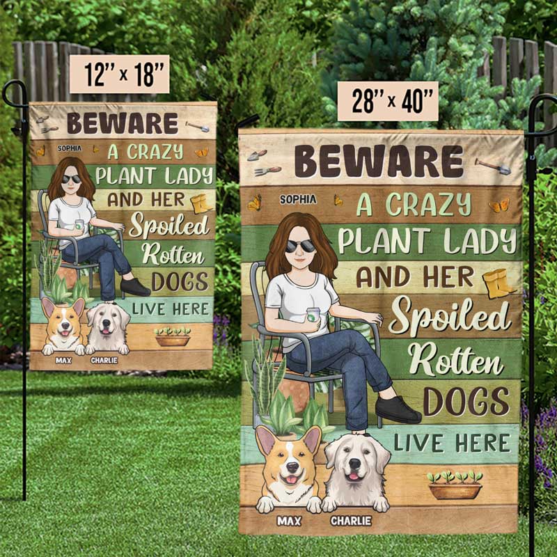 La Dame aux Plantes et ses Chiens Pourris - Drapeau personnalisé pour chien - Cadeau pour les amoureux des animaux, les propriétaires d'animaux et les amateurs de jardinage
