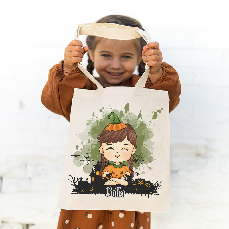 Sac fourre-tout personnalisé avec des vœux de citrouille et des baisers de bonbons au maïs - Cadeau d'Halloween pour enfant