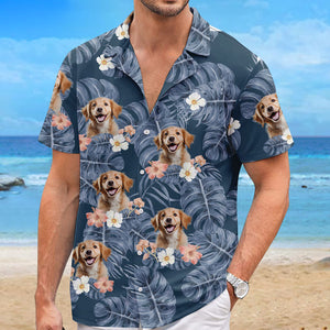 T-shirt hawaïen unisexe personnalisé avec photo de feuilles tropicales et ambiance estivale pour chien et chat - Cadeau idéal pour les vacances d'été, les propriétaires d'animaux et les amoureux des animaux.