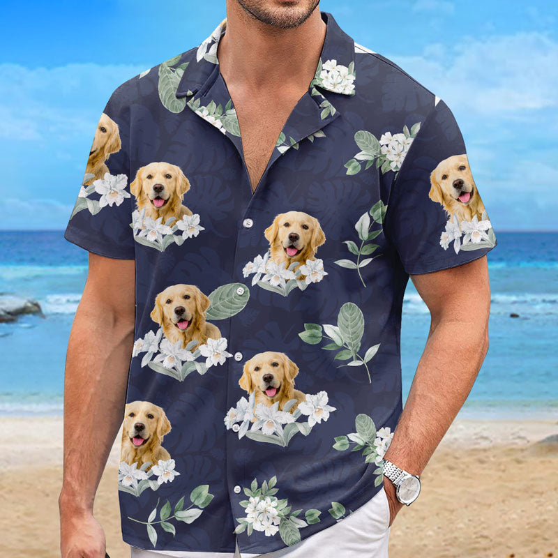 T-shirt hawaïen unisexe personnalisé avec photo « Vivre à Hawaï » pour chien et chat - Cadeau idéal pour les vacances d'été, les propriétaires d'animaux et les amoureux des animaux.